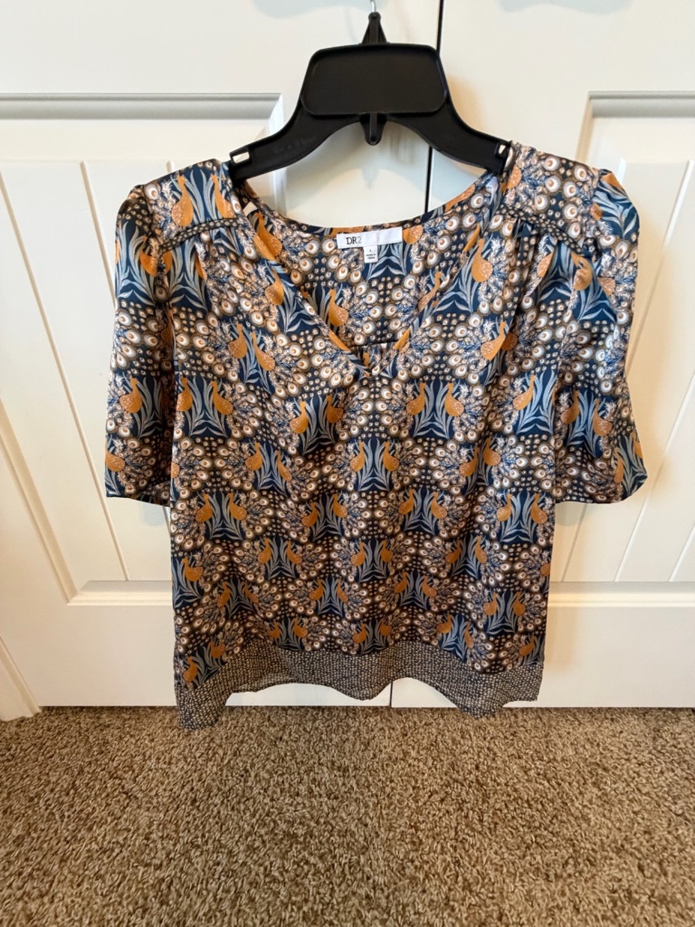 DR2 Navy and Mustard Floral-Print Short Sleeve Blouse